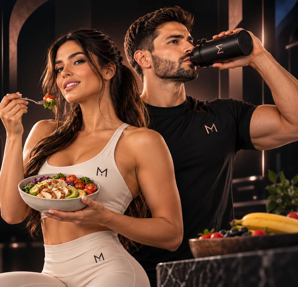Modelo feminina com uma refeição saudável e modelo masculino bebendo água