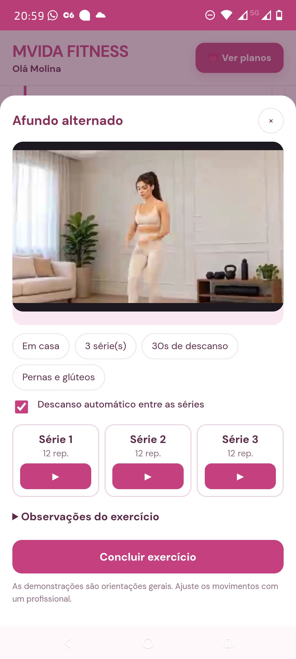 Tela real do MVIDA FITNESS mostrando afundo alternado para treinar em casa