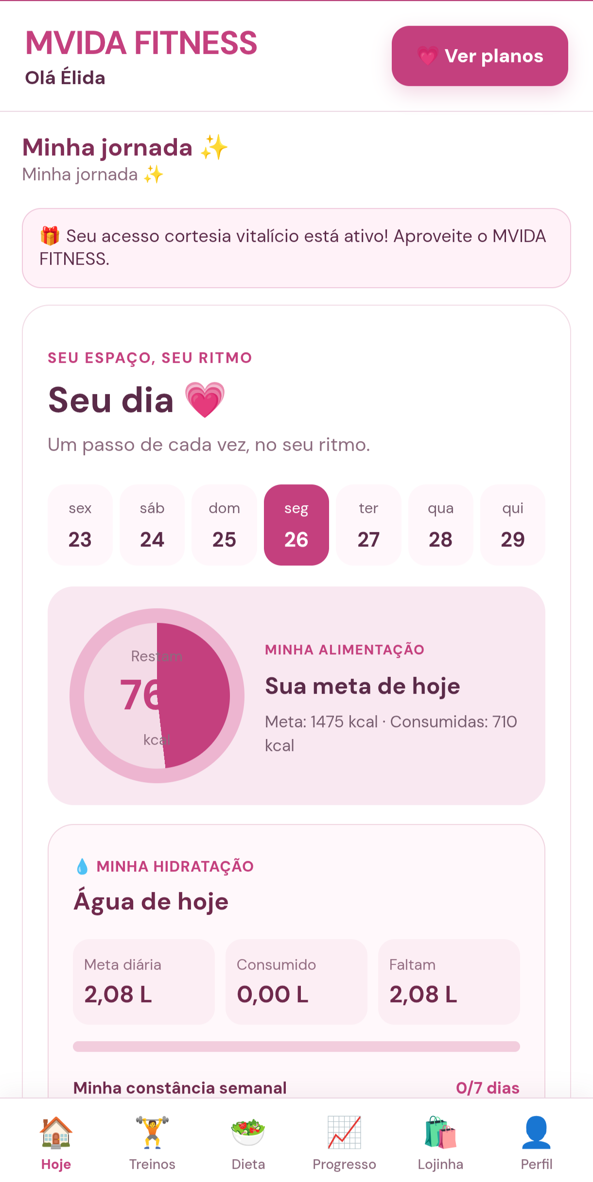 Tela real da versão feminina do aplicativo MVIDA FITNESS