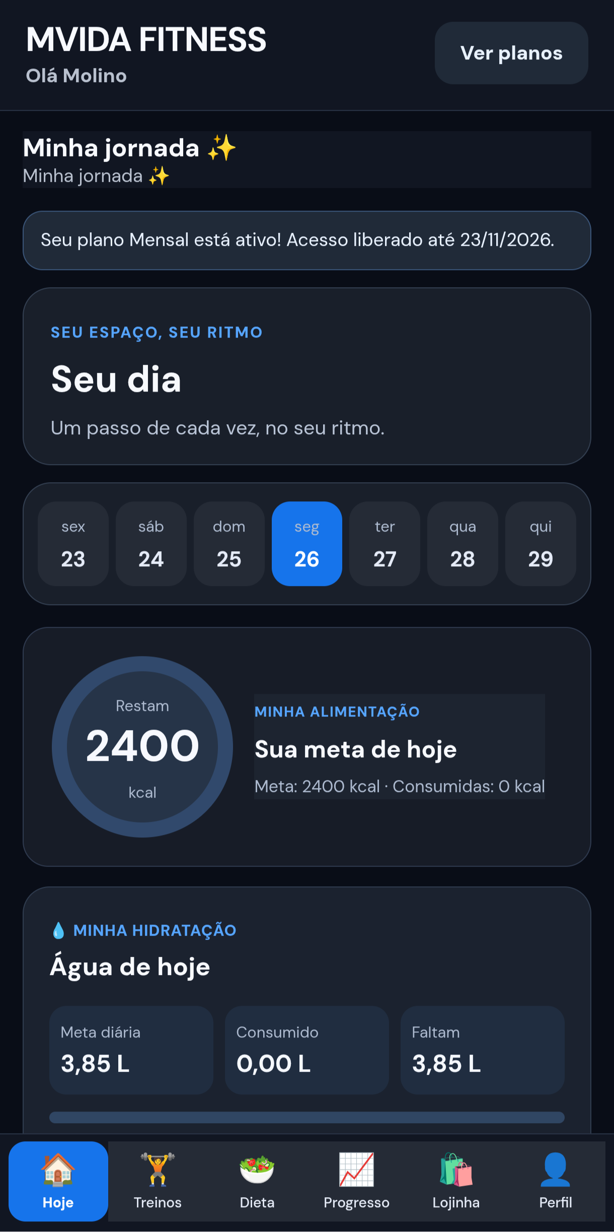 Tela real da versão masculina do aplicativo MVIDA FITNESS